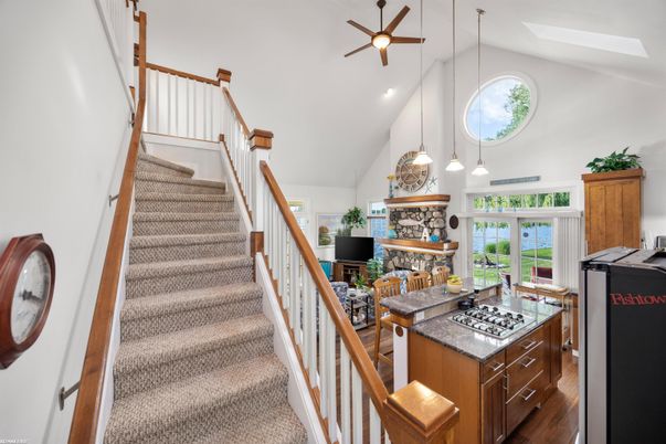 Fireplace, Interior, Pendant Lights, Recessed Lighting, Wood Texture Flooring