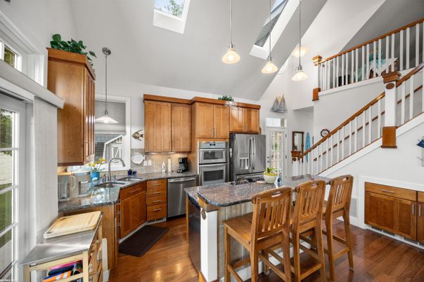 Interior, Kitchen, Pendant Lights, Stainless Steel Appliances, Wood Texture Flooring