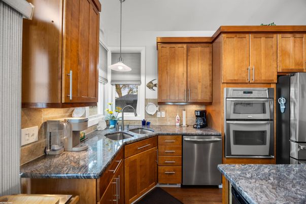 Interior, Kitchen, Pendant Lights, Stainless Steel Appliances, Wood Texture Flooring