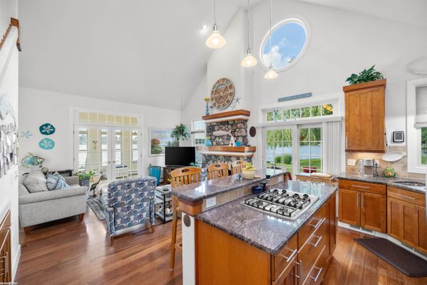 Fireplace, Interior, Kitchen, Living room, Pendant Lights, Wood Texture Flooring