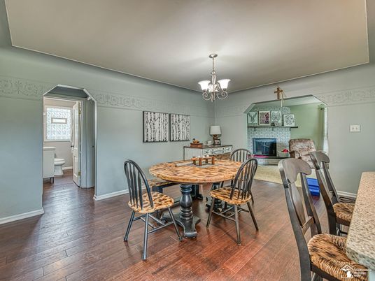 Chandelier, Dining room, Fireplace, Interior, Wood Texture Flooring