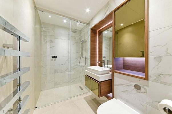 Bathroom, Glass Shower, Interior, Marble Walls, Recessed Lighting