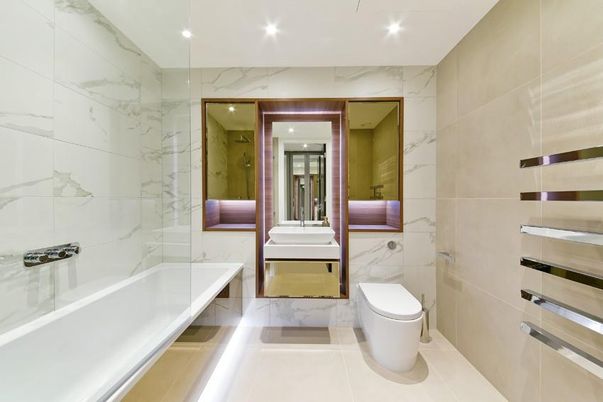 Bathroom, Glass Shower, Interior, Marble, Marble Walls, Recessed Lighting