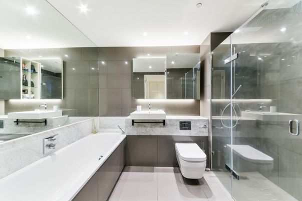 Bathroom, Dual Sink Vanities, Glass Shower, Interior, Recessed Lighting