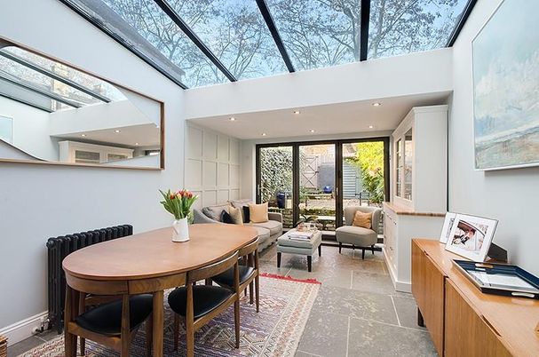 Dining room, Glass Ceilings, Interior, Living room, Recessed Lighting, Sun Room