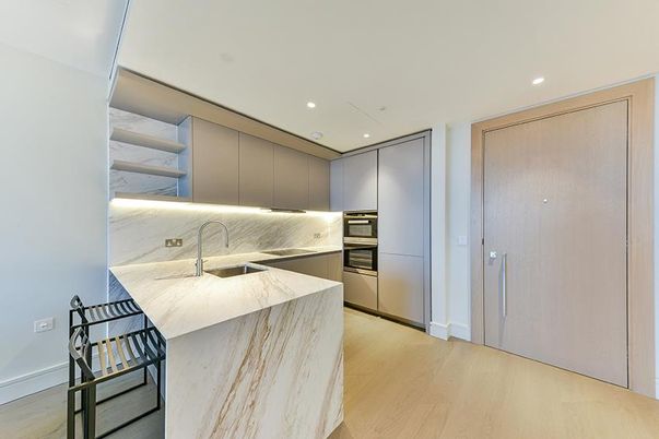 Interior, Kitchen, Marble Walls, Recessed Lighting, Stainless Steel Appliances, Wood Texture Flooring