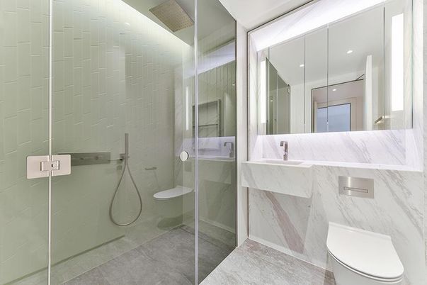 Bathroom, Glass Shower, Interior, Marble Walls, Recessed Lighting