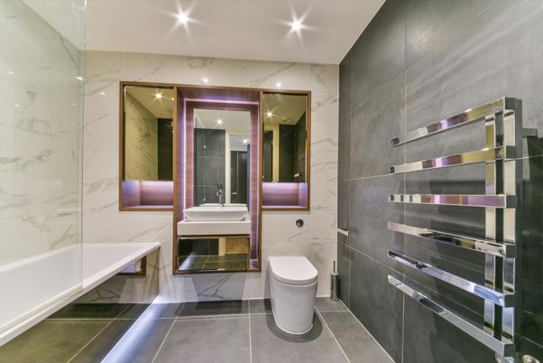 Bathroom, Interior, Marble Walls, Recessed Lighting
