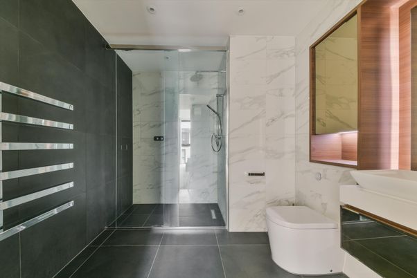 Bathroom, Glass Shower, Interior, Marble Walls