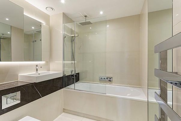 Bathroom, Glass Shower, Interior, Recessed Lighting