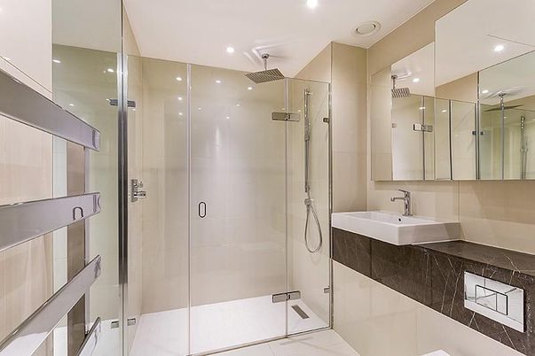 Bathroom, Glass Shower, Interior, Recessed Lighting