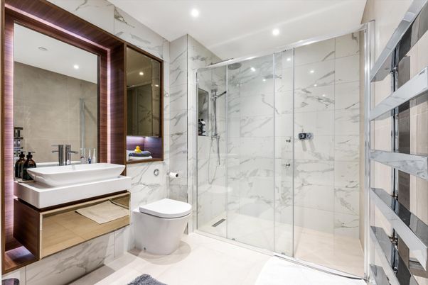 Bathroom, Glass Shower, Interior, Marble Walls, Recessed Lighting