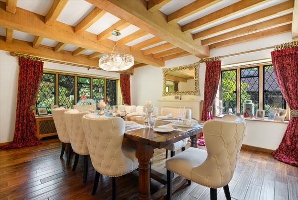 Chandelier, Dining room, Interior, Wooden Beams, Wood Texture Flooring
