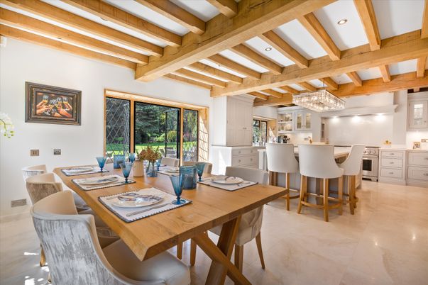 Chandelier, Dining room, Interior, Kitchen, Pendant Lights, Recessed Lighting, Wooden Beams