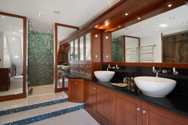Bathroom, Dual Sink Vanities, Glass Shower, Interior, Recessed Lighting