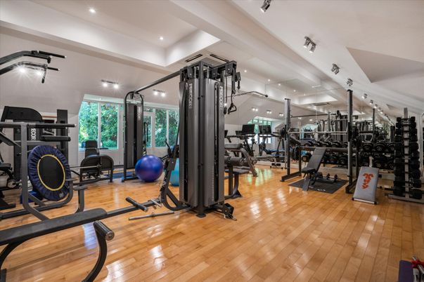 Fitness Equipment, Gym, Interior, Recessed Lighting, Wood Texture Flooring