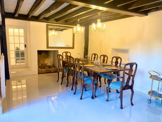 Chandelier, Dining room, Interior, Wooden Beams