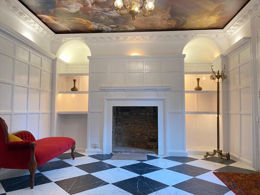 Chandelier, Fireplace, Interior
