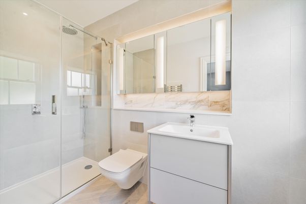 Bathroom, Glass Shower, Interior, Wood Texture Flooring