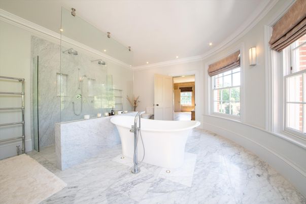 Bathroom, Free Standing Baths, Glass Shower, Interior, Marble, Marble Walls, Recessed Lighting