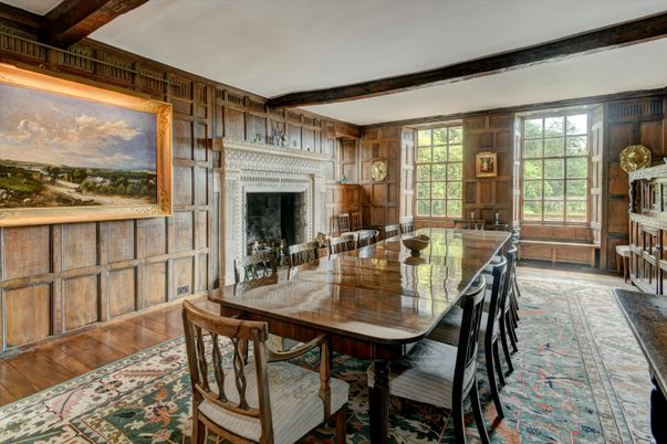 Dining room, Fireplace, Interior, Wooden Beams, Wood Texture Flooring, Wooden Walls