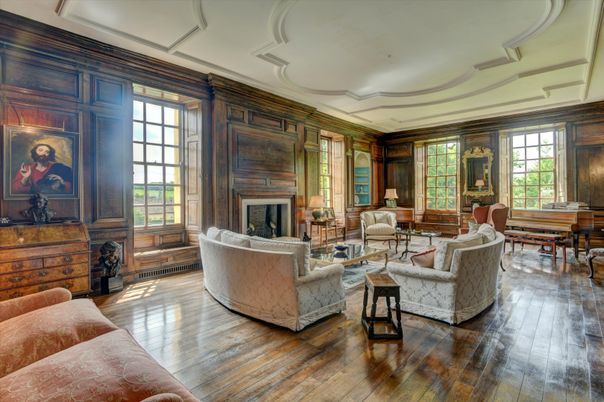 Dining room, Fireplace, Interior, Living room, Recessed Lighting, Wood Texture Flooring, Wooden Walls