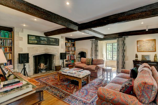 Fireplace, Interior, Living room, Recessed Lighting, Wooden Beams, Wood Texture Flooring
