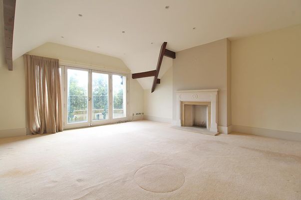 Empty room, Fireplace, Interior, Recessed Lighting, Wooden Beams