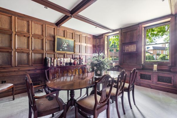 Dining room, Interior, Recessed Lighting, Wooden Beams, Wooden Walls