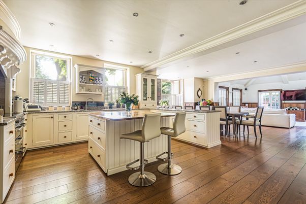Dining room, Interior, Kitchen, Living room, Recessed Lighting, Wood Texture Flooring
