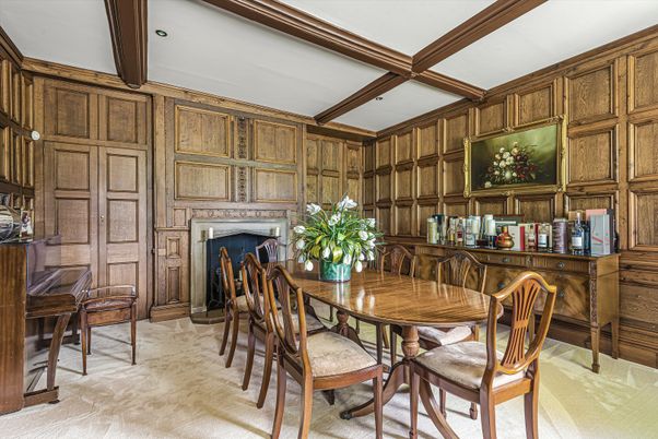Dining room, Fireplace, Interior, Recessed Lighting, Wooden Beams, Wooden Walls