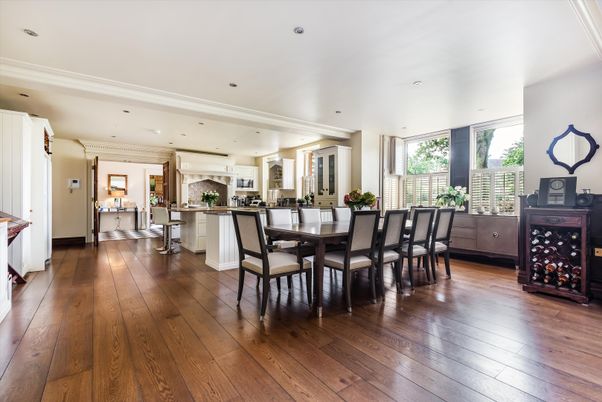 Dining room, Interior, Kitchen, Recessed Lighting, Wood Texture Flooring
