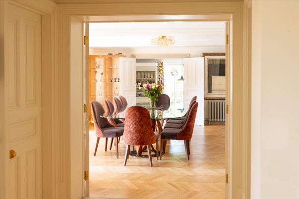 Chandelier, Dining room, Interior, Wood Texture Flooring