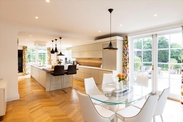 Dining room, Interior, Kitchen, Pendant Lights, Recessed Lighting, Wood Texture Flooring