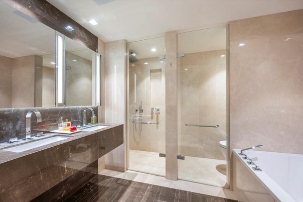 Bathroom, Dual Sink Vanities, Glass Shower, Interior, Recessed Lighting
