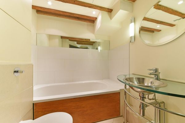 Bathroom, Interior, Recessed Lighting, Wooden Beams