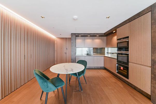 Dining room, Interior, Kitchen, Recessed Lighting, Stainless Steel Appliances, Wood Texture Flooring