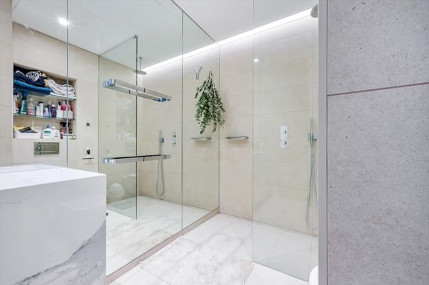 Bathroom, Glass Shower, Interior, Marble, Recessed Lighting