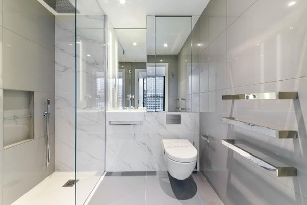 Bathroom, Glass Shower, Interior, Marble Walls, Recessed Lighting