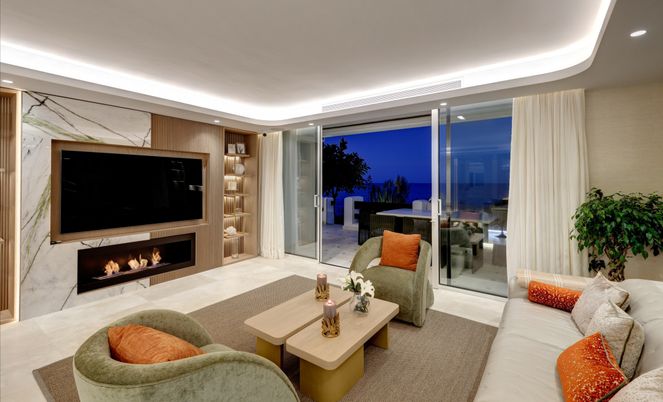 Fireplace, Interior, Living room, Marble Walls, Recessed Lighting
