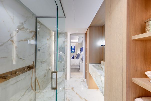 Bathroom, Glass Shower, Interior, Marble, Marble Walls, Recessed Lighting