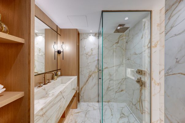 Bathroom, Glass Shower, Interior, Marble, Marble Walls, Recessed Lighting