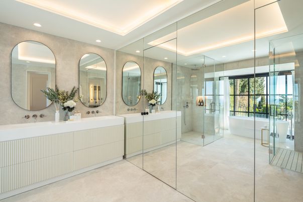 Bathroom, Dual Sink Vanities, Free Standing Baths, Glass Shower, Interior, Recessed Lighting