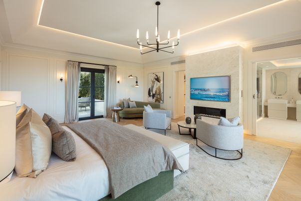 Bedroom, Chandelier, Fireplace, Interior, Living room, Pendant Lights, Wood Texture Flooring