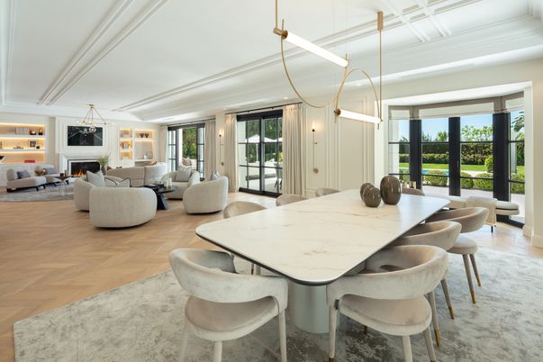 Dining room, Fireplace, Interior, Living room, Pendant Lights, Wood Texture Flooring