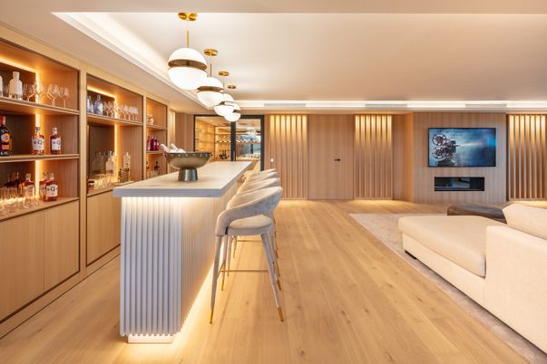 Fireplace, Interior, Pendant Lights, Wood Texture Flooring
