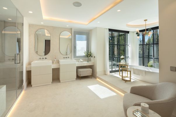 Bathroom, Dual Sink Vanities, Glass Shower, Interior, Pendant Lights, Recessed Lighting