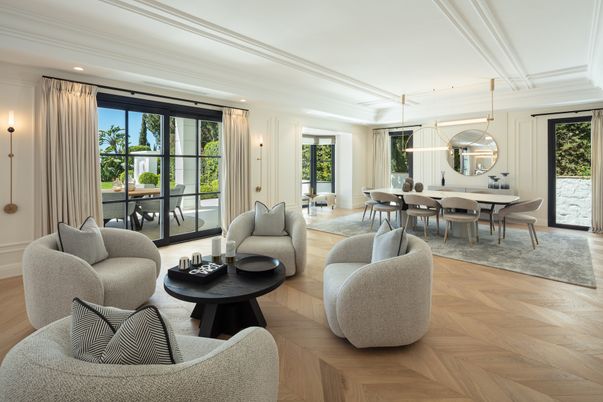 Dining room, Interior, Living room, Pendant Lights, Recessed Lighting, Wood Texture Flooring