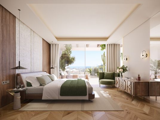 Bedroom, Interior, Pendant Lights, Wood Texture Flooring