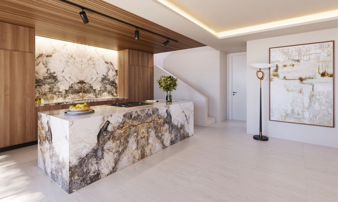 Interior, Marble Walls, Recessed Lighting, Wood Texture Flooring